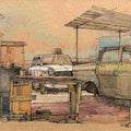 Transportation mixed media painting titled 'Wheels At Rest 7', 8x12 inches, by artist Aditya Phadke on Paper