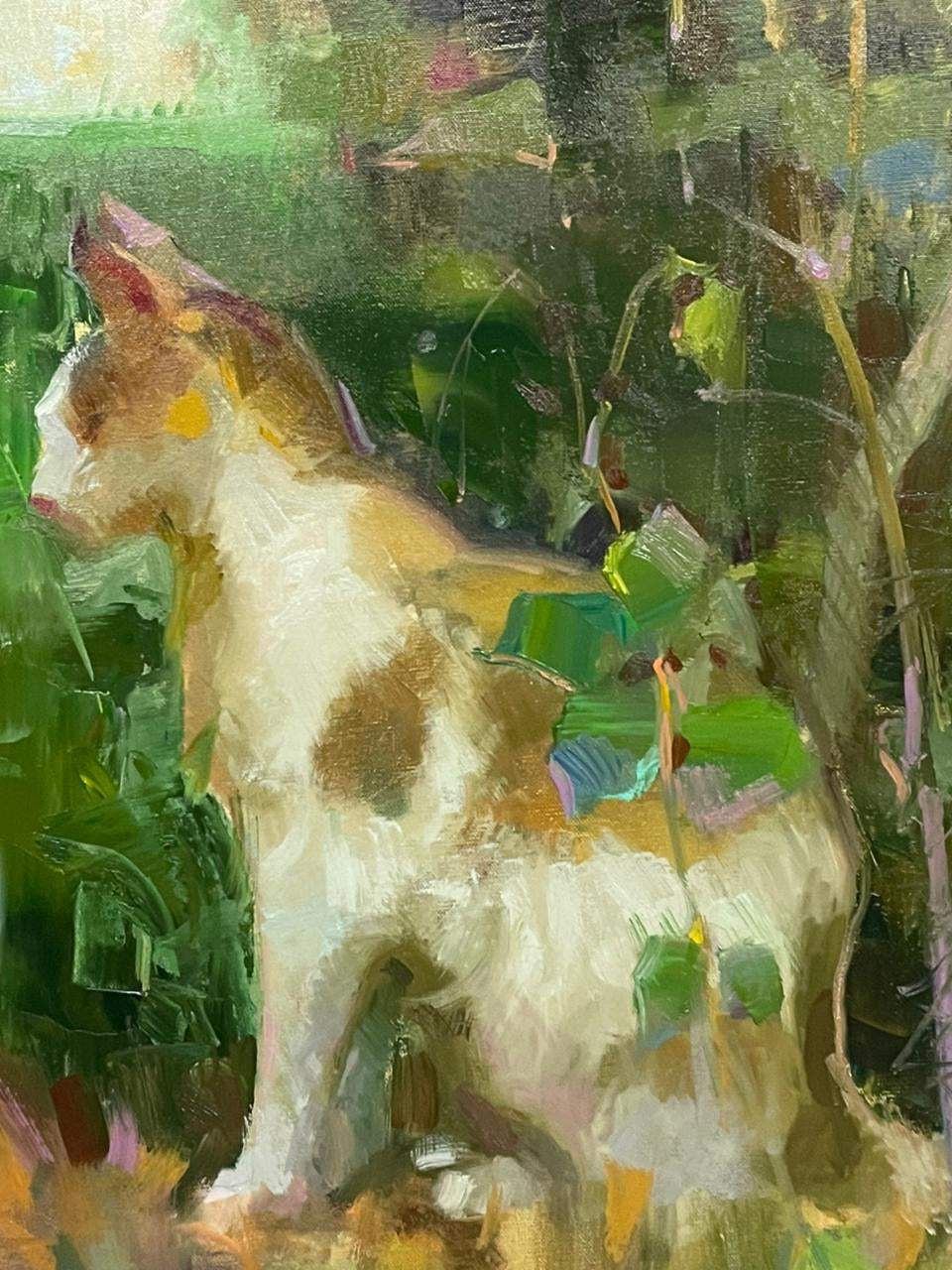 'When She Sits In My Garden 1' animals oil painting by artist Shadab Kazi, 20x18 inch, on linen