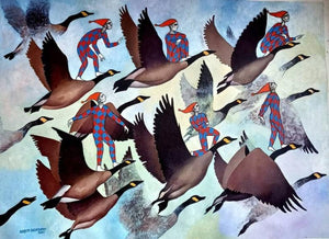When The Clowns Fly (Flight of Fancy) by Ranjith Raghupathy, Original Acrylic Figurative Painting on Canvas, Medium Horizontal Wall Art