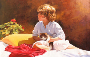 Where Are You Looking At by Jose Higuera, Original Oil Figurative Painting on Canvas, Medium Horizontal Wall Art