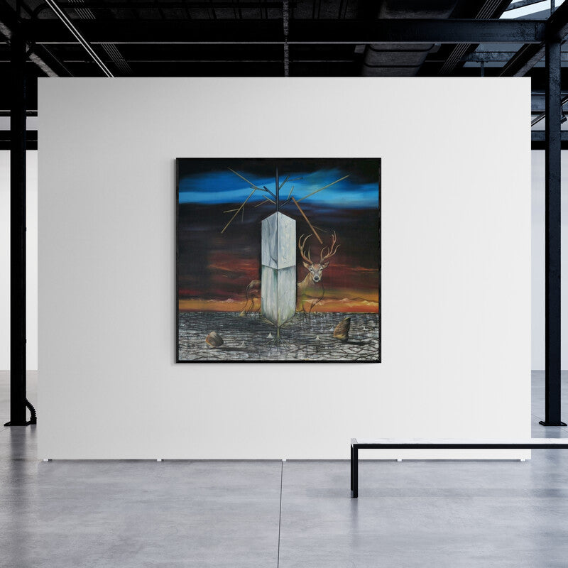 Ashish Kushwaha's painting 'Where I Am (The Watcher and the Monument)' displayed in a modern living room setting