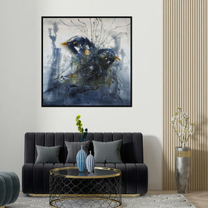 Sonam Sikarwar's 'Where Is My Space (Avian Enigma)' painting visualized above a sofa in a contemporary room.