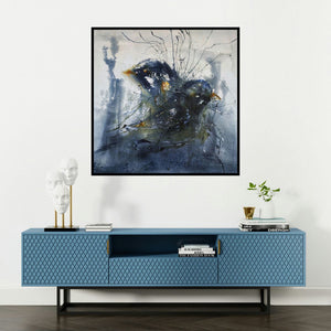 'Where Is My Space (Avian Enigma)' painting by Sonam Sikarwar shown on a wall in a furnished room.