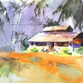 Where The Palms Whisper' landscape watercolor painting by artist Soven Roy, 15x22 inch, on paper