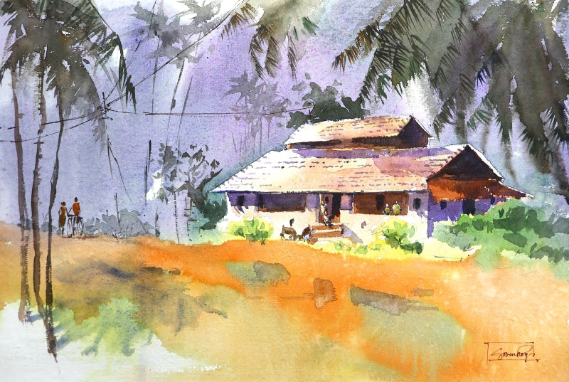 Where The Palms Whisper' landscape watercolor painting by artist Soven Roy, 15x22 inch, on paper