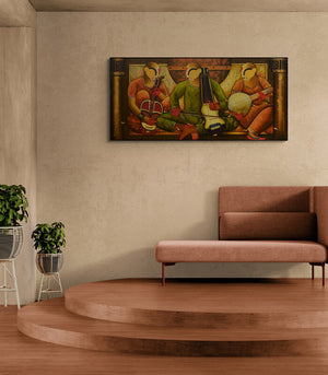 Anupam Pal's painting 'Where The Rhythm Takes You (Where the Rhythm Takes You)' displayed in a modern living room setting