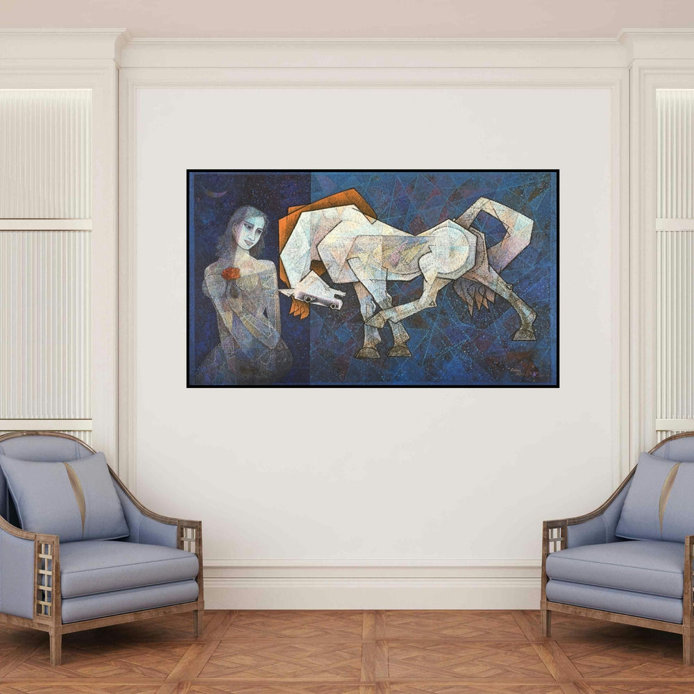 'Where The Sky Down To Meet' painting by Dinkar Jadhav shown on a wall in a furnished room.