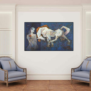'Where The Sky Down To Meet' painting by Dinkar Jadhav shown on a wall in a furnished room.