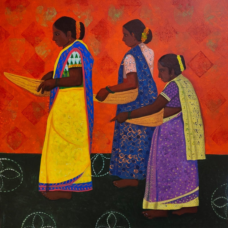 Where We Sit And Sort The World' figurative acrylic painting by artist Harshada Kolapkar, 36x48 inch, on canvas