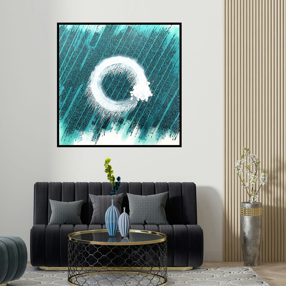 Shaikh Ahsan's 'Whirl Of Life (Cosmic Circle)' painting visualized above a sofa in a contemporary room.