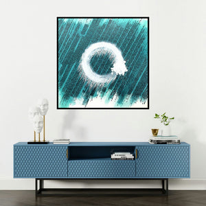'Whirl Of Life (Cosmic Circle)' painting by Shaikh Ahsan shown on a wall in a furnished room.