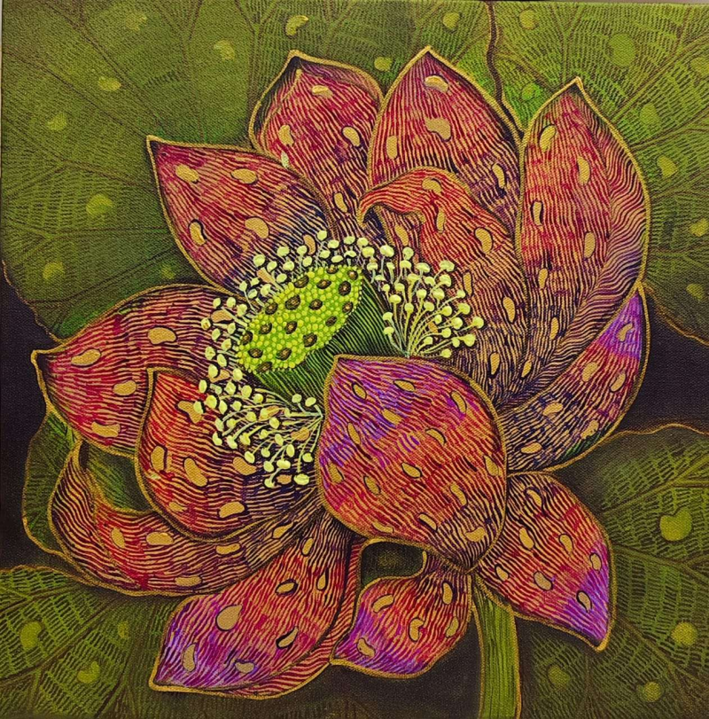 'Whisper Of The Lotus' nature mixed-media painting by artist Yogesh Powale, 15x15 inch, on canvas