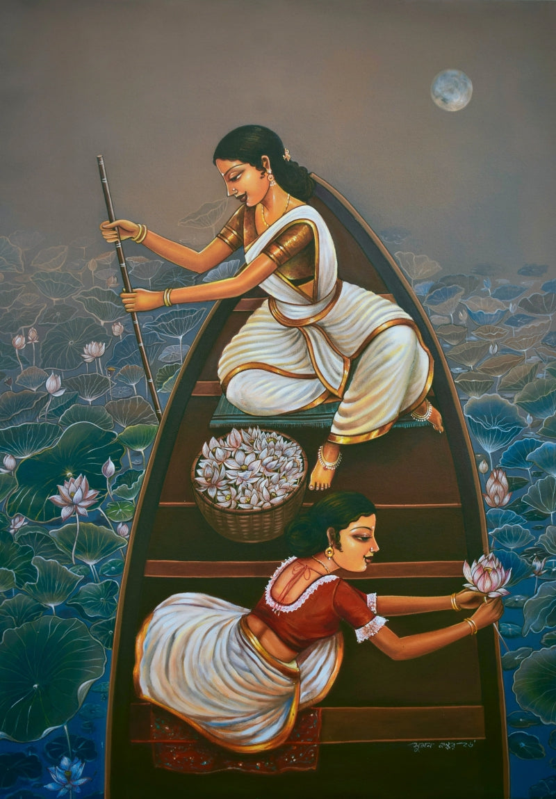 Whisper Of Waterlilies' figurative acrylic painting by artist Sumon Naskar, 40x30 inch, on canvas