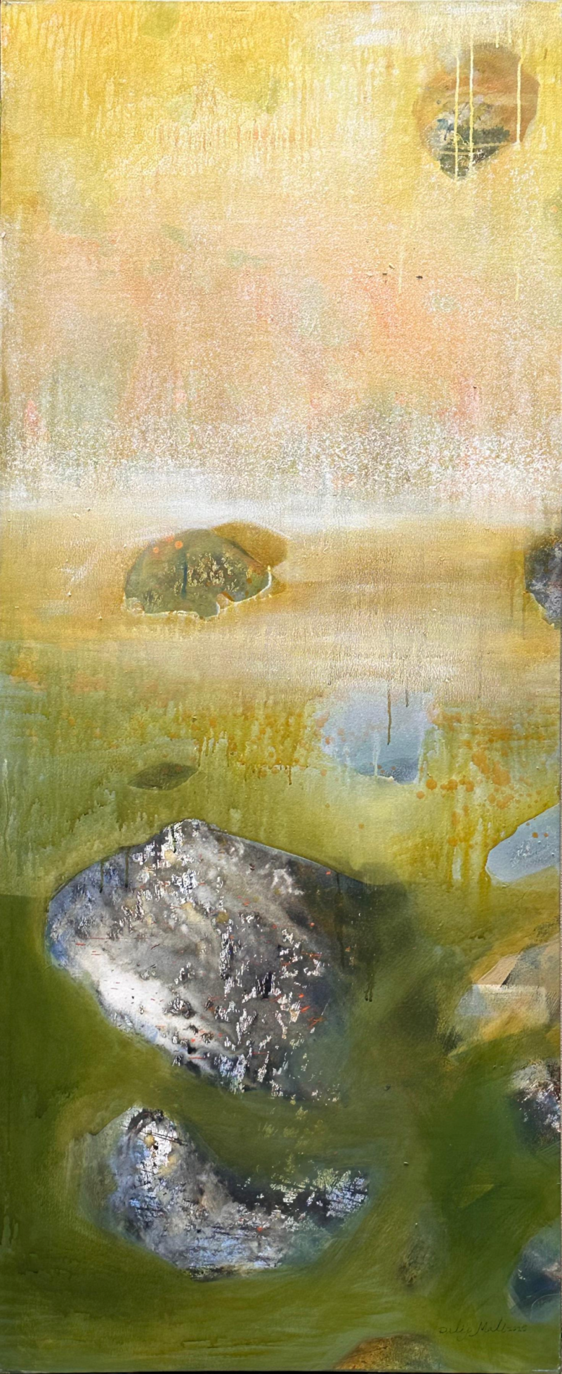 Whispers Beneath The Golden Silence' abstract acrylic painting by artist Dilip Mali, 72x30 inch, on canvas