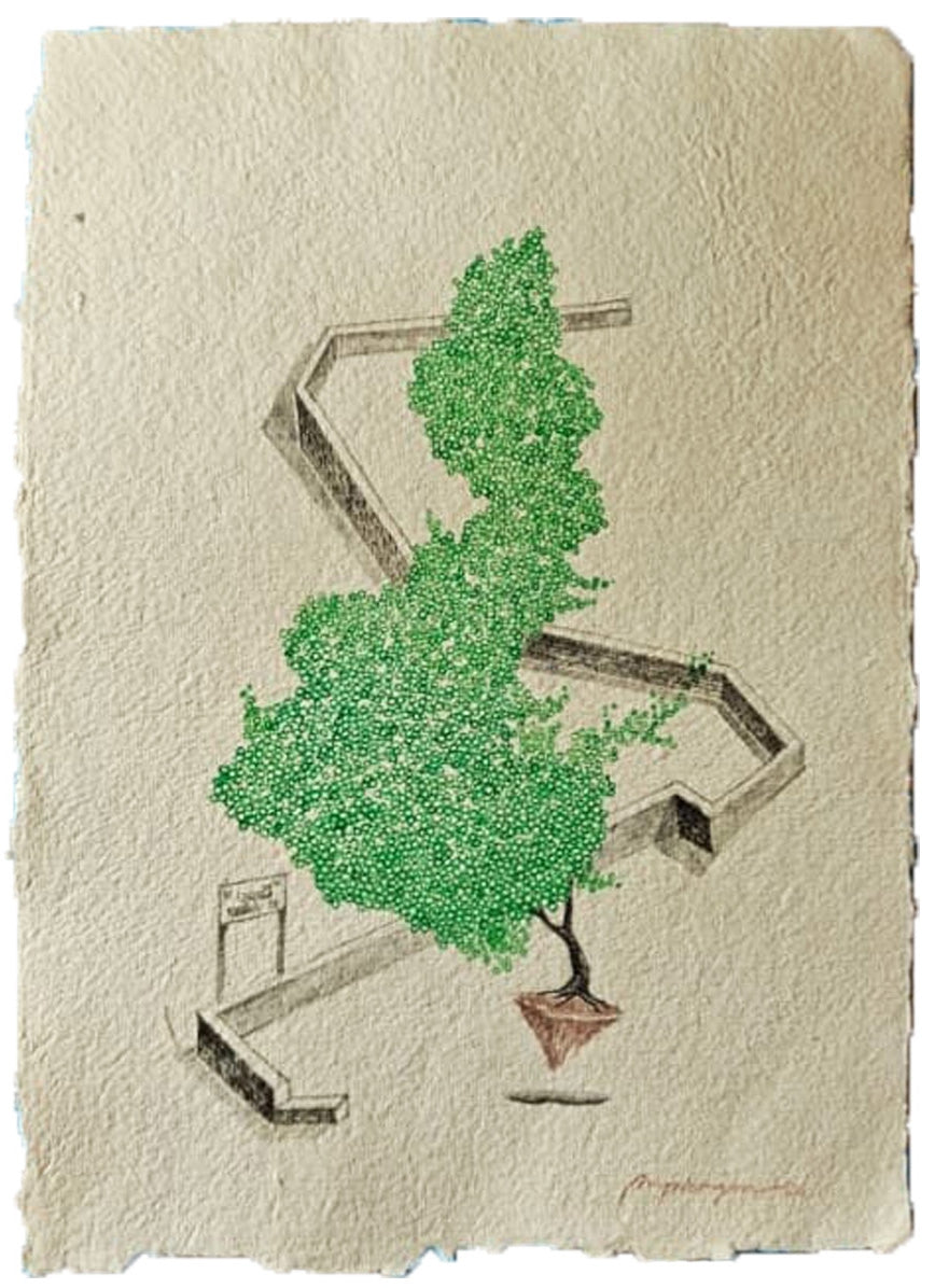 Whispers Of Green' contemporary gouache painting by artist Priyaranjan Behera, 17x12 inch, on paper