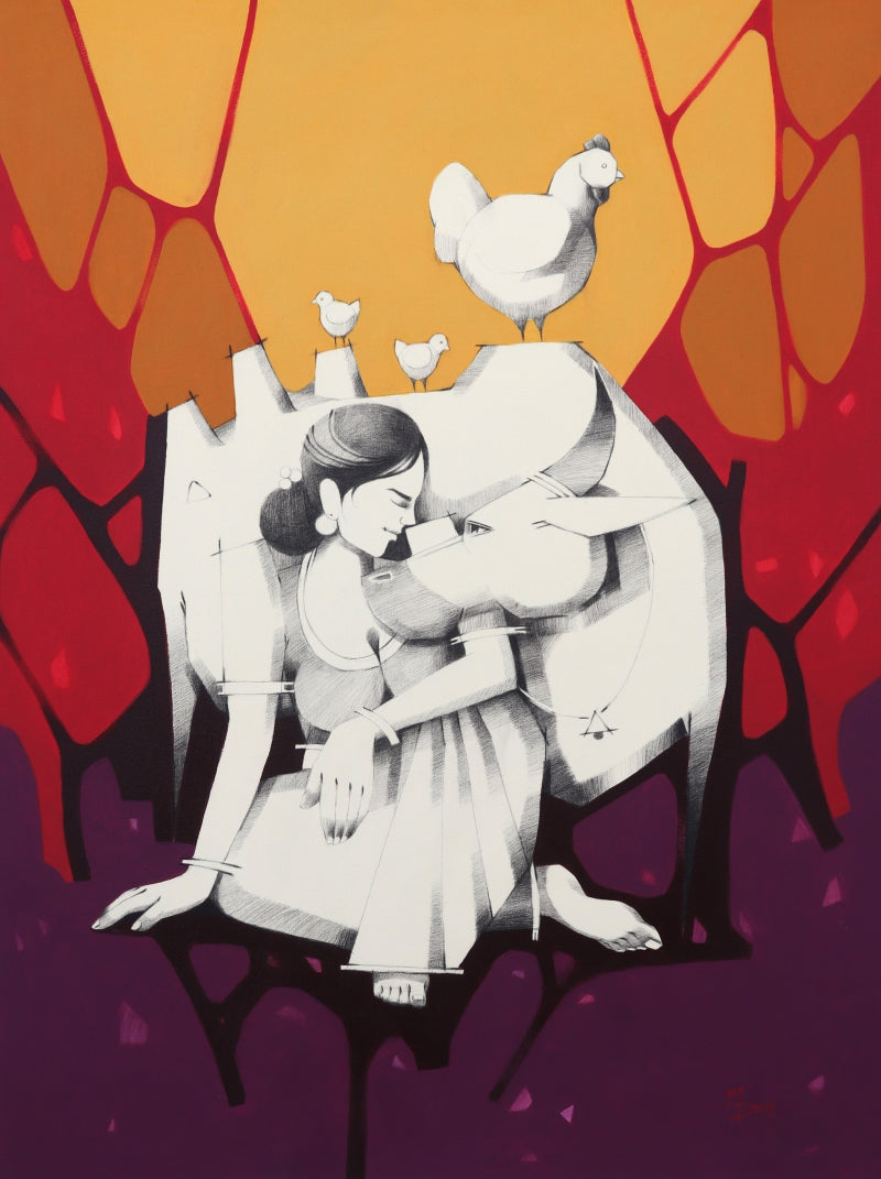 Whispers Of Hearth' figurative acrylic-charcoal painting by artist Deivasigamani M, 48x36 inch, on canvas