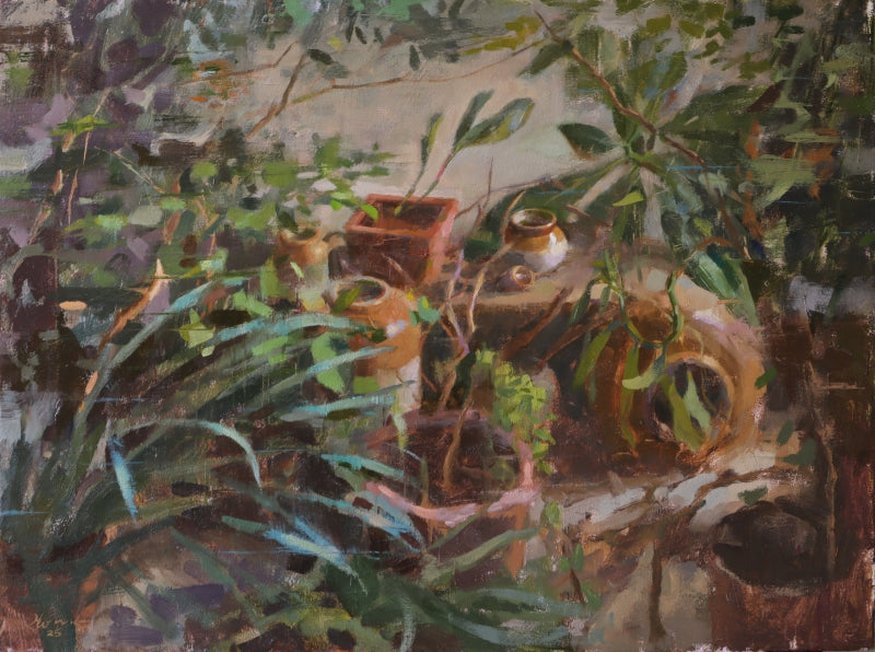 Whispers Of Leaf And Clay' nature oil painting by artist Rohan Daithankar, 18x24 inch, on linen