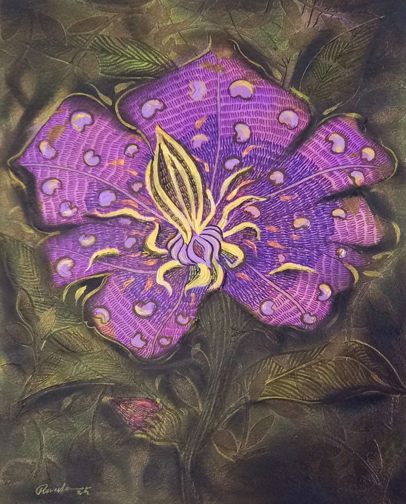 Whispers Of Violet' nature mixed-media painting by artist Yogesh Powale, 12x9 inch, on paper