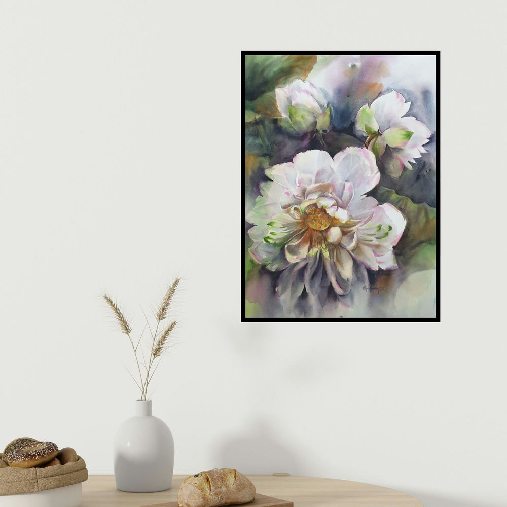 Puja Kumar's 'White Lotus (A Moment of Tranquility**)' painting visualized above a sofa in a contemporary room.