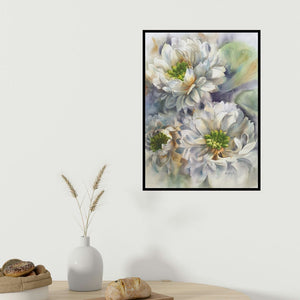 Puja Kumar's 'White Lotus 2 (A Delicate Embrace)' painting visualized above a sofa in a contemporary room.