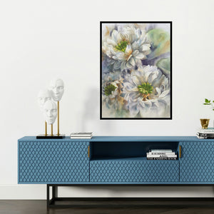 'White Lotus 2 (A Delicate Embrace)' painting by Puja Kumar shown on a wall in a furnished room.