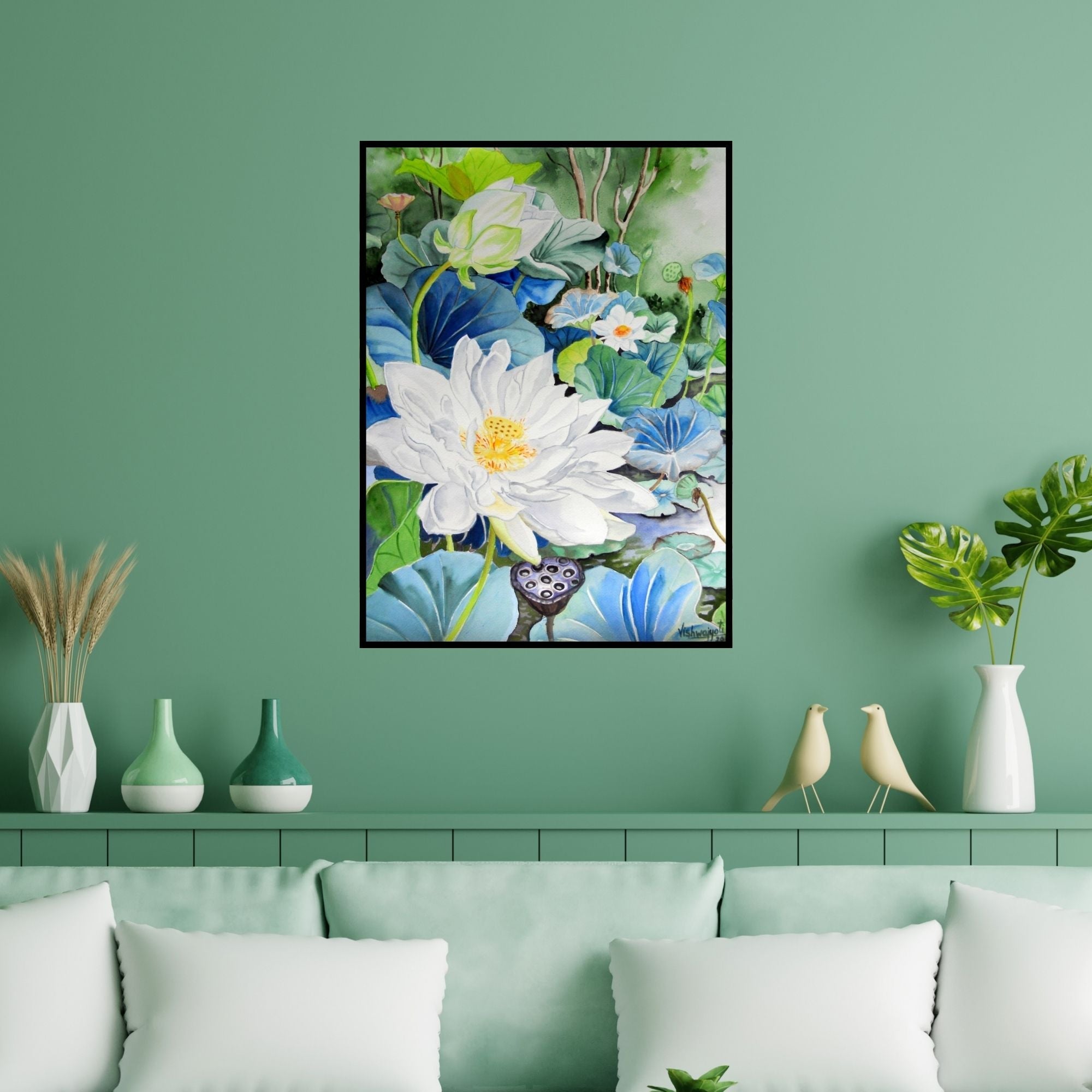 Preview of 'White Sahastradal' Painting by Vishwajyoti Mohrhoff shown on a wall in a furnished room.