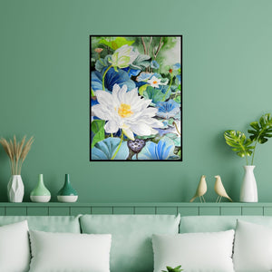 Preview of 'White Sahastradal' Painting by Vishwajyoti Mohrhoff shown on a wall in a furnished room.