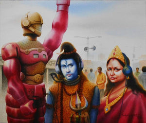Who Are Listening Futurebahuroop by Sudipta Karmakar, Original Watercolor Figurative Painting on Paper, Small Horizontal Wall Art