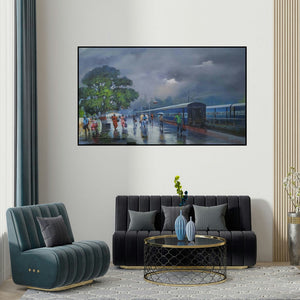 Bijay Biswaal's 'Wide Wet Platform Ii (Rainy Day at the Station)' painting visualized above a sofa in a contemporary room.