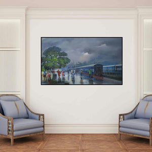 'Wide Wet Platform Ii (Rainy Day at the Station)' painting by Bijay Biswaal shown on a wall in a furnished room.
