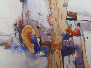 Wife (The Blindfolded Tea Party) by Kamlesh Patidar, Original Watercolor Contemporary Painting on Fabriano Paper, X-Small Horizontal Wall Art