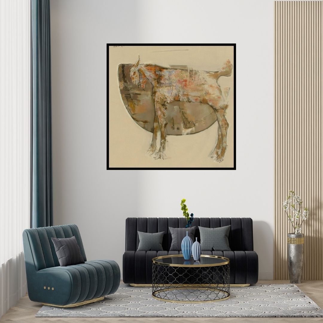 Preview of 'The Wild Goat 2' Painting by Ajay Deshpande shown on a wall in a furnished room.