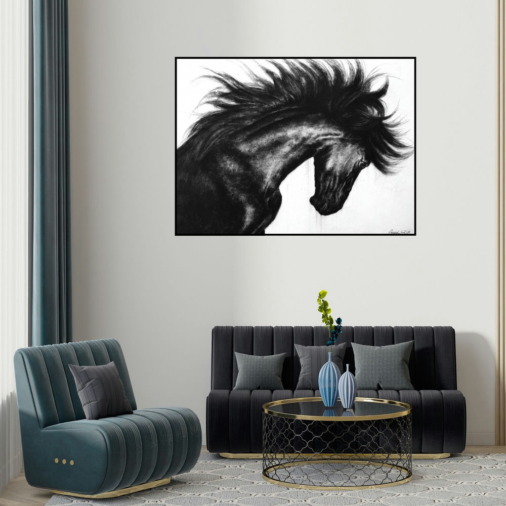 Anand Sai's 'Wild Spirit 1 (Windswept Mane)' painting visualized above a sofa in a contemporary room.