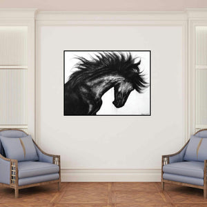 'Wild Spirit 1 (Windswept Mane)' painting by Anand Sai shown on a wall in a furnished room.