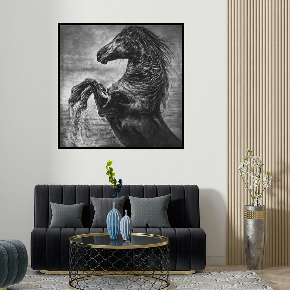 Anand Sai's 'Wild Spirit' painting visualized above a sofa in a contemporary room.