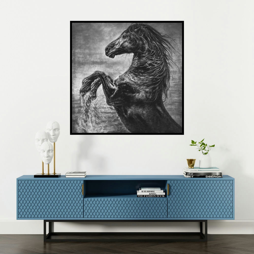 'Wild Spirit' painting by Anand Sai shown on a wall in a furnished room.