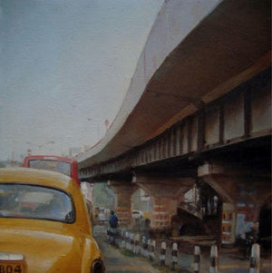 Wind Of Change3 (Monsoon in Mumbai) by Anupam Halder, Original Oil Cityscape Painting on Canvas, X-Small Square Wall Art