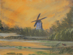Windmill by Krupa Shah, Original Oil Landscape Painting on Canvas, Small Horizontal Wall Art