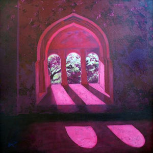 Window 01 by Tushar Patange, Original Acrylic Cityscape Painting on Canvas, Medium Square Wall Art