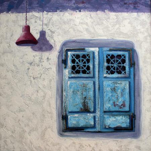 Window 02 by Tushar Patange, Original Acrylic Cityscape Painting on Canvas, Small Square Wall Art