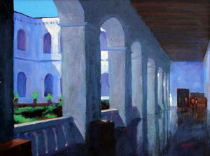 Window 03 by Tushar Patange, Original Acrylic Cityscape Painting on Canvas, Small Horizontal Wall Art