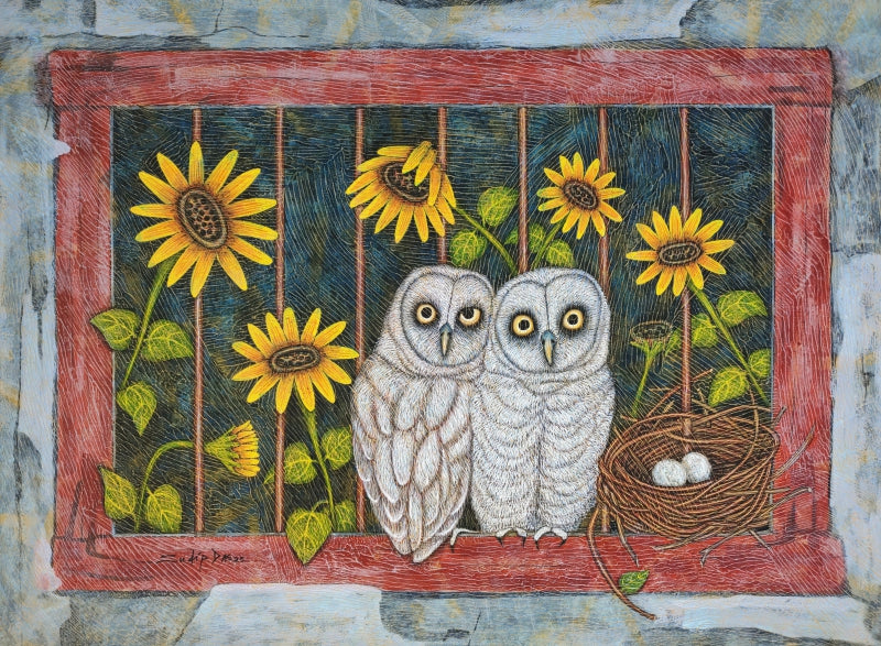 The Window' figurative tempera painting by artist Sudip Das, 36x48 inch, on canvas board