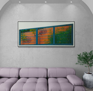 Protyusha Mitra's painting 'Window Perspective (Window to Tranquility)' displayed in a modern living room setting