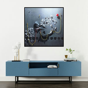 'Wings Of Butterflies (Entangled Figure)' painting by Gopal Chowdhury shown on a wall in a furnished room.