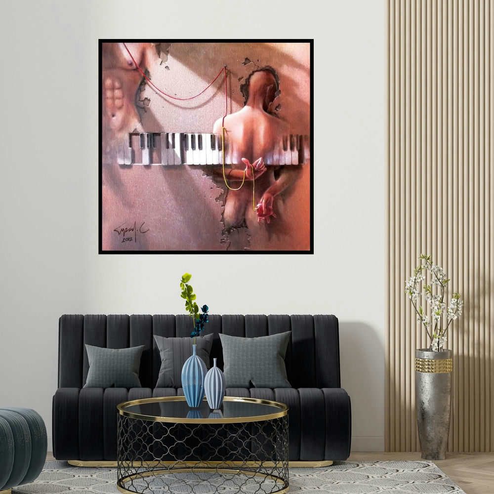 Gopal Chowdhury's 'Wings Of Music (Interconnected Figures)' painting visualized above a sofa in a contemporary room.