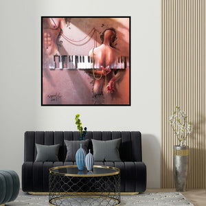 Gopal Chowdhury's 'Wings Of Music (Interconnected Figures)' painting visualized above a sofa in a contemporary room.