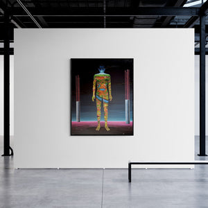 Sajith Puthukkalavattom's painting 'Wings Sporting Earthworms' displayed in a modern living room setting