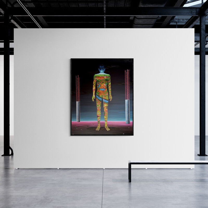 Sajith Puthukkalavattom's painting 'Wings Sporting Earthworms' displayed in a modern living room setting