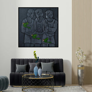 Satyajeet Shinde's 'Winners Podium (The Trio)' painting visualized above a sofa in a contemporary room.
