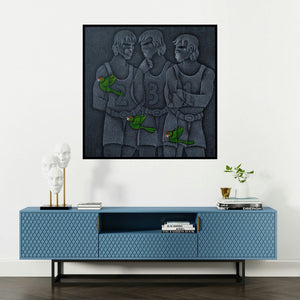 'Winners Podium (The Trio)' painting by Satyajeet Shinde shown on a wall in a furnished room.